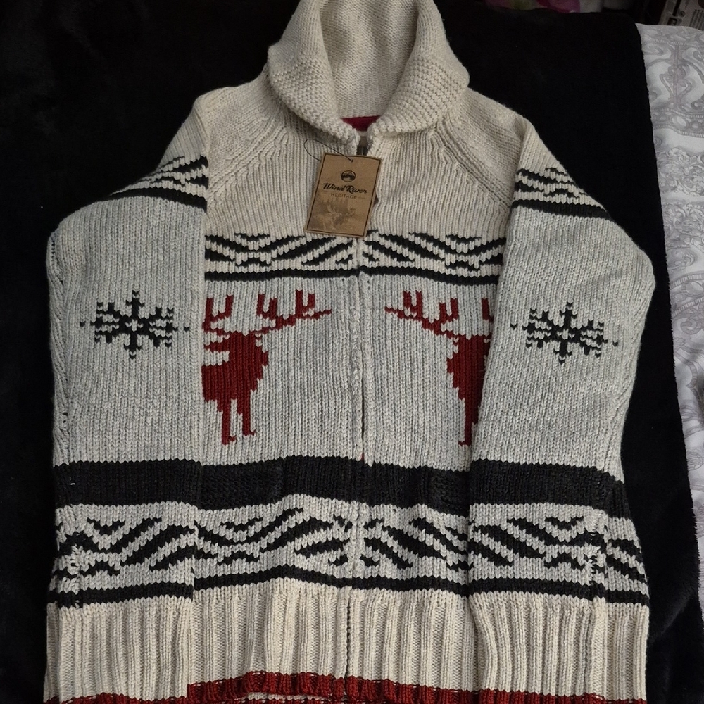 Wind River Cream and Red Zip Up Sweater with Nordic Design